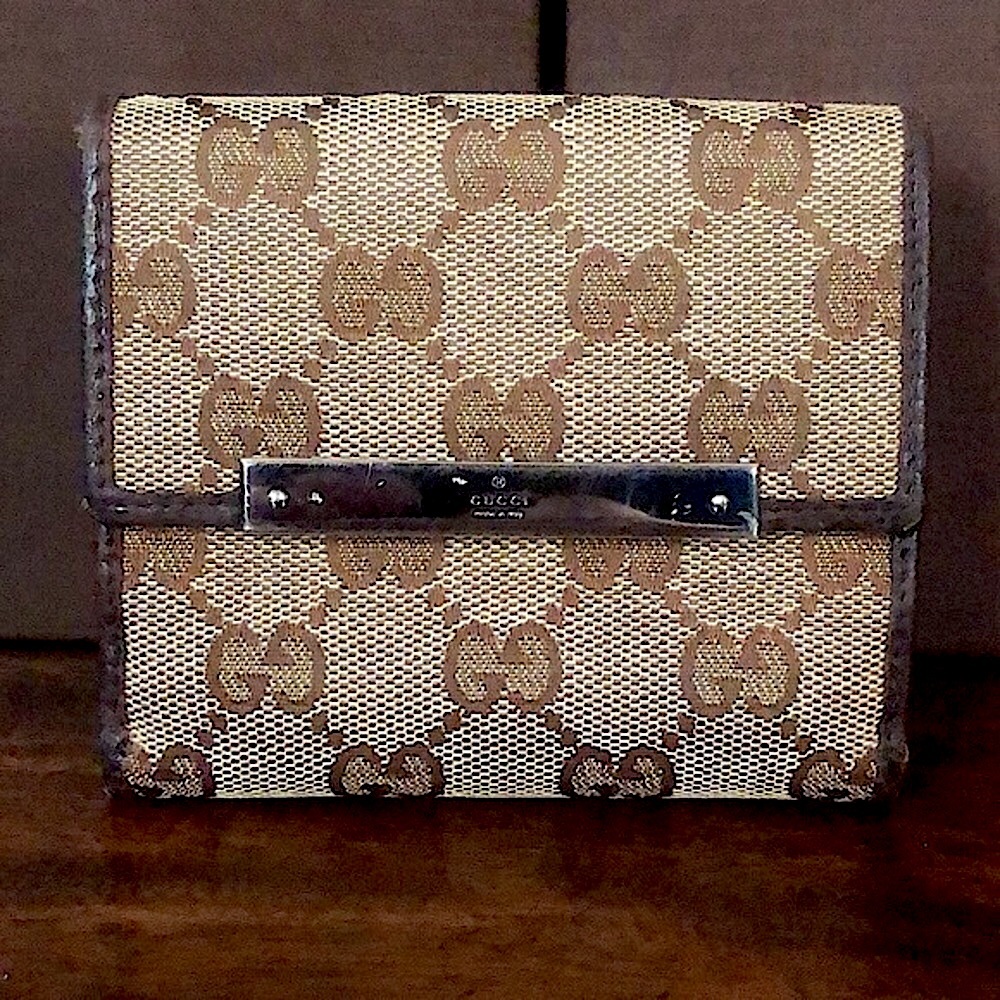 GUCCI GG Web Brown Leather and Tan Canvas Monogram Trifold Wallet Authentic